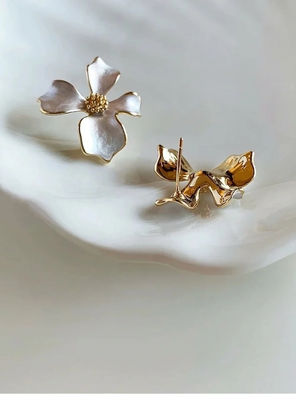 Pearlescent White Blossom Studs | 18K Gold Finish | 925 Sterling Silver Posts